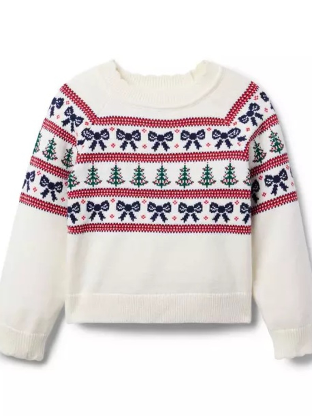 Janie and Jack White Fair Isle Crewneck Sweater with Red, Navy & Green Motifs